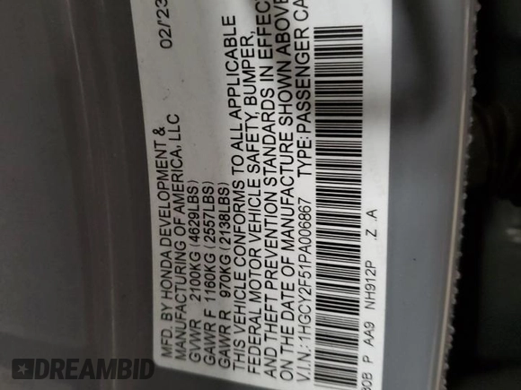2023 Honda Accord Sport with VIN 1HGCY2F51PA006867, listed as a Copart auction lot 55299045 with 28,068 mi miles and Salvage title. Bid and sale history available at DreamBid. Image 12.