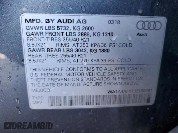 2018 Audi SQ5 Premium Plus with VIN WA1A4AFY1J2150081, listed as a Copart auction lot 42928885 with 54,757 mi miles and Salvage Title. Bid and sale history available at DreamBid. Image 13.