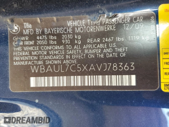 2010 BMW 1 Series 128i with VIN WBAUL7C5XAVJ78363, listed as a Copart auction lot 58774774 with 206,569 mi miles and Clean title. Bid and sale history available at DreamBid. Image 13.