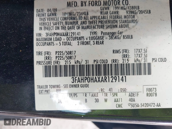 2010 Ford Fusion SE with VIN 3FAHP0HAXAR129141, listed as a IAAI auction lot 42224340 with 101,729 mi miles and . Bid and sale history available at DreamBid. Image 9.