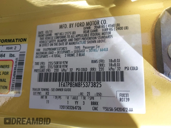 2015 Ford Mustang V6 with VIN 1FATP8EM8F5373825, listed as a IAAI auction lot 41649357 with 67,874 mi miles and . Bid and sale history available at DreamBid. Image 9.