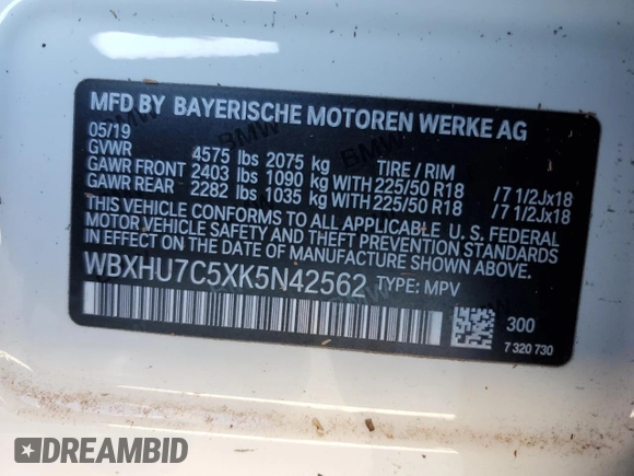 2019 BMW X1 sDrive28i with VIN WBXHU7C5XK5N42562, listed as a Copart auction lot 36300403 with 55,782 mi miles. Bid and sale history available at carsss.com. Image 16.
