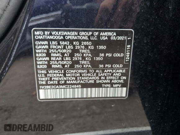 2021 Volkswagen Atlas SEL with VIN 1V2BE2CA3MC224845, listed as a Copart auction lot 72646844 with Not provided miles and Non repairable. Bid and sale history available at DreamBid. Image 13.