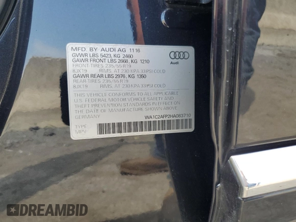 2017 Audi Q5 Premium with VIN WA1C2AFP2HA083710, listed as a Copart auction lot 60165955 with 148,124 mi miles and Salvage title. Bid and sale history available at DreamBid. Image 13.