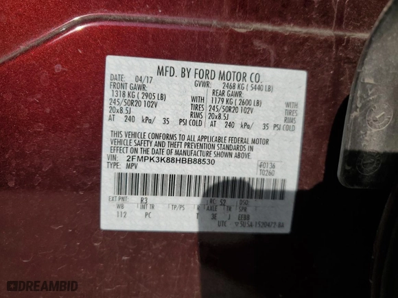 2017 Ford Edge Titanium with VIN 2FMPK3K88HBB88530, listed as a Copart auction lot 49213195 with 128,660 mi miles and Salvage Title. Bid and sale history available at carsss.com. Image 13.