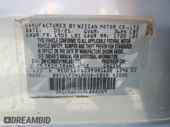 2021 Nissan Versa SV z VIN 3N1CN8EV1ML888089, wystawiony jako Copart lot #52027585 z przebiegiem 65 944 mil mil oraz Szkoda całkowita • Salvage title. Historia ofert i sprzedaży dostępna na DreamBid. Obrazek 12.