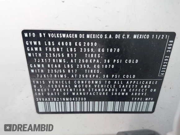 2022 Volkswagen Taos S с VIN 3VVAX7B21NM043209, выставлен на аукционе IAAI как лот 41701587 с пробегом 67 647 миль миль и . История ставок и продаж доступна на DreamBid. Изображение 9.