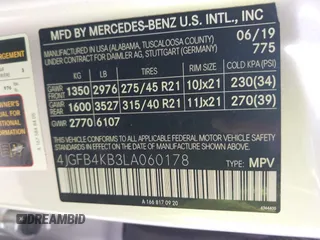 2020 Mercedes-Benz GLE 350 with VIN 4JGFB4KB3LA060178, listed as a IAAI auction lot 42264853 with 83,414 mi miles and . Bid and sale history available at DreamBid. Image 9.