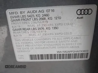 2017 Audi Q5 Premium Plus z VIN WA1M2AFP2HA030803, wystawiony jako IAAI lot #41467760 z przebiegiem 47 314 mil mil oraz . Historia ofert i sprzedaży dostępna na DreamBid. Obrazek 9.