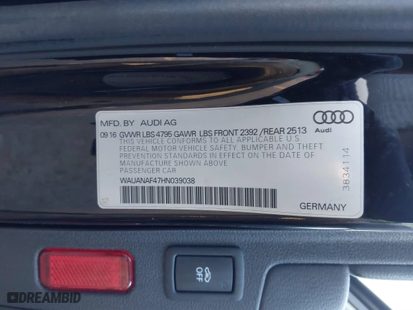 2017 Audi A4 Premium with VIN WAUANAF47HN039038, listed as a IAAI auction lot 41439609 with 121,410 mi miles. Bid and sale history available at carsss.com. Image 9.