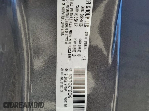 2014 FIAT 500e with VIN 3C3CFFGE4ET175902, listed as a Copart auction lot 66406775 with 38,067 mi miles and Salvage title. Bid and sale history available at DreamBid. Image 12.