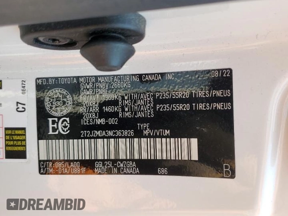 2022 Lexus RX 350 with VIN 2T2JZMDA3NC363826, listed as a Copart auction lot 56695255 with 12,916 mi miles and Salvage title. Bid and sale history available at DreamBid. Image 14.