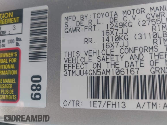2010 Toyota Tacoma PreRunner with VIN 3TMJU4GN5AM106167, listed as a IAAI auction lot 42454443 with 53,407 mi miles and . Bid and sale history available at DreamBid. Image 9.