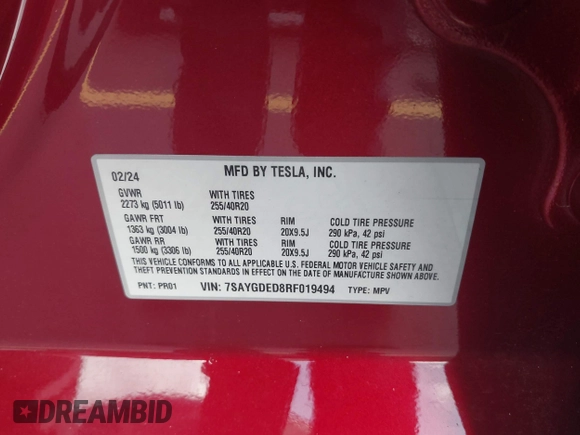 2024 Tesla Model Y с VIN 7SAYGDED8RF019494, выставлен на аукционе IAAI как лот 42336856 с пробегом 3 551 миль миль и . История ставок и продаж доступна на DreamBid. Изображение 9.