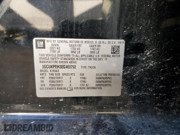 2014 Chevrolet Silverado 1500 Work Truck with VIN 3GCUKPEH3EG460792, listed as a Copart auction lot 43075655 with 160,713 mi miles and Salvage Title. Bid and sale history available at DreamBid. Image 13.
