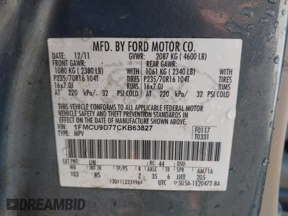 2012 Ford Escape XLT with VIN 1FMCU9D77CKB63827, listed as a IAAI auction lot 42044393 with 231,933 mi miles and . Bid and sale history available at DreamBid. Image 9.