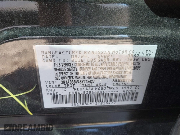 2025 Nissan Sentra S with VIN 3N1AB8BV4SY218427, listed as a IAAI auction lot 41751338 with 9,756 mi miles and . Bid and sale history available at DreamBid. Image 9.