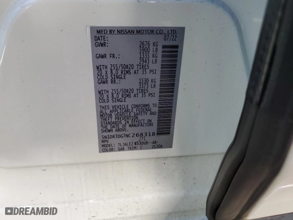 2022 Nissan Pathfinder Platinum with VIN 5N1DR3DG7NC268318, listed as a Copart auction lot 49682025 with 23,285 mi miles and Salvage Title. Bid and sale history available at carsss.com. Image 13.