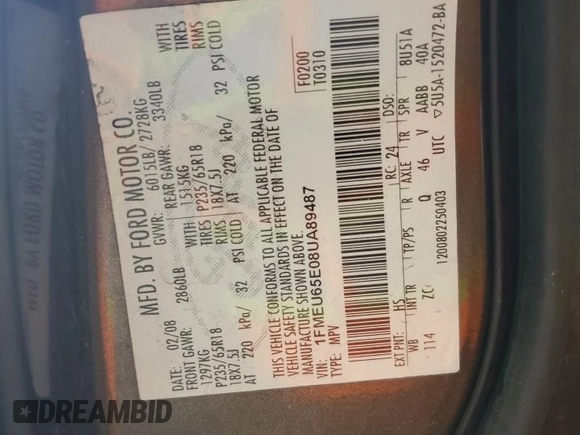 2008 Ford Explorer Limited with VIN 1FMEU65E08UA89487, listed as a Copart auction lot 51689095 with 233,434 mi miles and Salvage title. Bid and sale history available at DreamBid. Image 14.