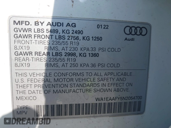 2022 Audi Q5 S line Premium Plus с VIN WA1EAAFY5N2054700, выставлен на аукционе IAAI как лот 42475142 с пробегом 42 148 миль миль и . История ставок и продаж доступна на DreamBid. Изображение 9.