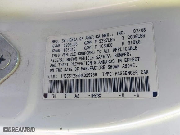 2008 Honda Accord Cpe LX-S with VIN 1HGCS12368A029756, listed as a IAAI auction lot 41437538 with 174,626 mi miles. Bid and sale history available at carsss.com. Image 9.