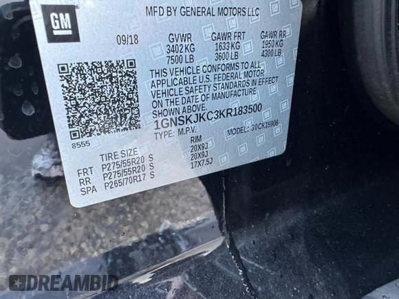 2019 Chevrolet Suburban Premier with VIN 1GNSKJKC3KR183500, listed as a Copart auction lot 42046615 with 253,160 mi miles and Clean Title. Bid and sale history available at DreamBid. Image 10.