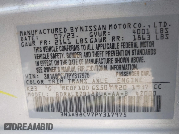 2023 Nissan Sentra SV with VIN 3N1AB8CV7PY317975, listed as a IAAI auction lot 42203504 with 39,032 mi miles. Bid and sale history available at carsss.com. Image 9.