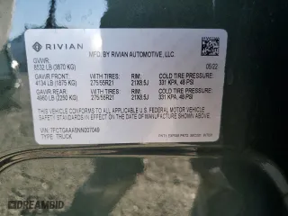 2022 Rivian R1T Adventure Package with VIN 7FCTGAAA5NN007049, listed as a Copart auction lot 74857974 with 27,481 mi miles and Salvage Title. Bid and sale history available at carsss.com. Image 13.