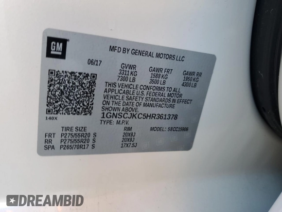 2017 Chevrolet Suburban Premier with VIN 1GNSCJKC5HR361378, listed as a Copart auction lot 88261625 with 68,992 mi miles and Salvage title. Bid and sale history available at DreamBid. Image 13.