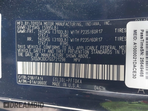 2016 Toyota Sienna L with VIN 5TDZK3DC7GS721298, listed as a IAAI auction lot 41727005 with 169,282 mi miles and . Bid and sale history available at DreamBid. Image 9.