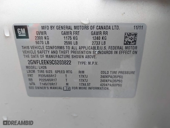 2012 Chevrolet Equinox LT w/1LT with VIN 2GNFLEEK9C6203822, listed as a IAAI auction lot 41613913 with 133,871 mi miles. Bid and sale history available at carsss.com. Image 9.