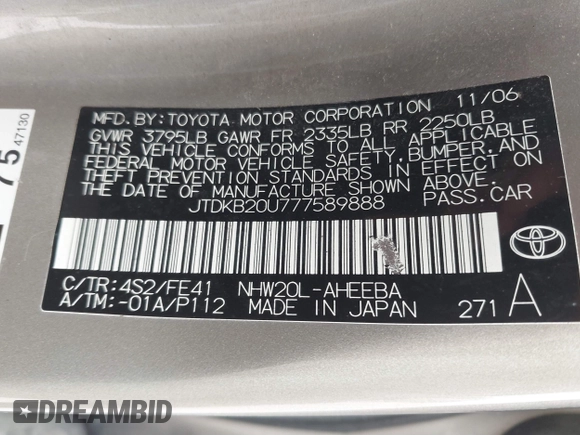 2007 Toyota Prius with VIN JTDKB20U777589888, listed as a IAAI auction lot 41870677 with 251,590 mi miles. Bid and sale history available at carsss.com. Image 9.