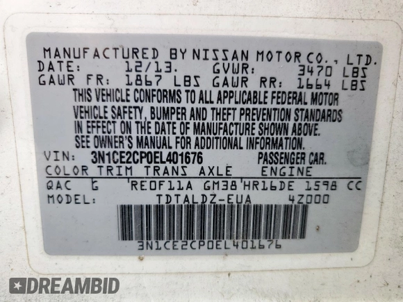 2014 Nissan Note S z VIN 3N1CE2CP0EL401676, wystawiony jako Copart lot #56372395 z przebiegiem 125 433 mil mil oraz Szkoda całkowita • Salvage title. Historia ofert i sprzedaży dostępna na DreamBid. Obrazek 13.