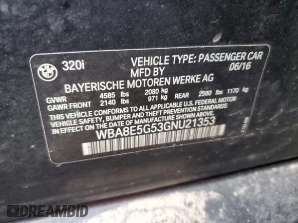 2016 BMW 3 Series 320i xDrive with VIN WBA8E5G53GNU21353, listed as a Copart auction lot 46501085 with 0 mi miles and Salvage Title. Bid and sale history available at carsss.com. Image 12.