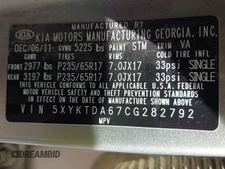 2012 Kia Sorento LX with VIN 5XYKTDA67CG282792, listed as a IAAI auction lot 41964825 with 175,654 mi miles. Bid and sale history available at carsss.com. Image 9.