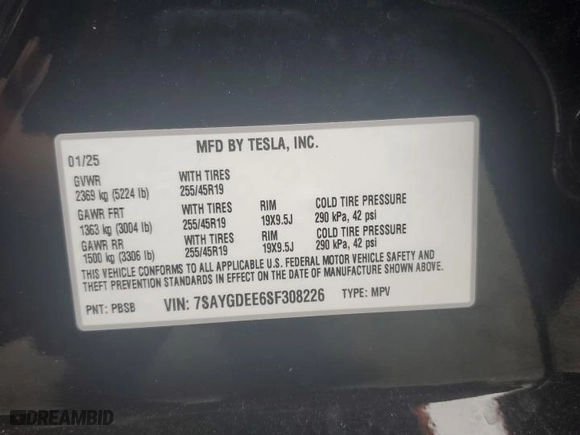2025 Tesla Model Y Long Range with VIN 7SAYGDEE6SF308226, listed as a Copart auction lot 48006865 with 2,291 mi miles and Salvage Title. Bid and sale history available at carsss.com. Image 15.