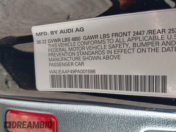 2023 Audi A4 S line Premium Plus with VIN WAUEAAF49PA001586, listed as a IAAI auction lot 41772434 with 30,388 mi miles and . Bid and sale history available at DreamBid. Image 9.
