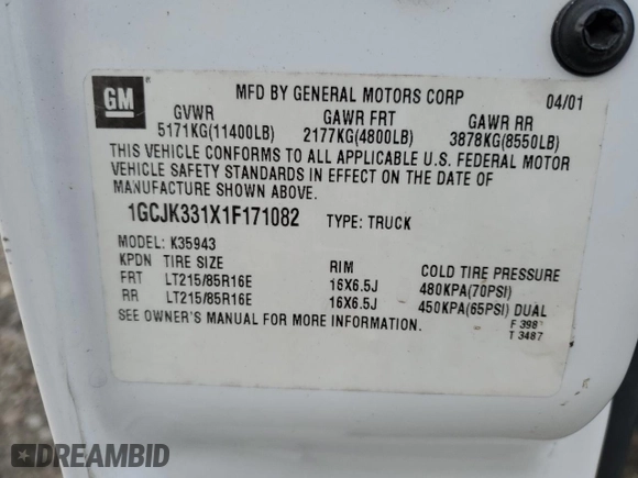 2001 Chevrolet Silverado 3500 LT with VIN 1GCJK331X1F171082, listed as a Copart auction lot 42096135 with 0 mi miles and Salvage Title. Bid and sale history available at carsss.com. Image 13.