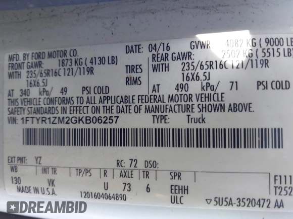 2016 Ford Transit Cargo with VIN 1FTYR1ZM2GKB06257, listed as a IAAI auction lot 42851308 with 239,006 mi miles and . Bid and sale history available at DreamBid. Image 9.