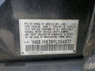 2000 Honda Civic LX z VIN 1HGEJ6670YL054677, wystawiony jako Copart lot #57126335 z przebiegiem 155 471 mil mil oraz Szkoda całkowita • Salvage title. Historia ofert i sprzedaży dostępna na DreamBid. Obrazek 12.