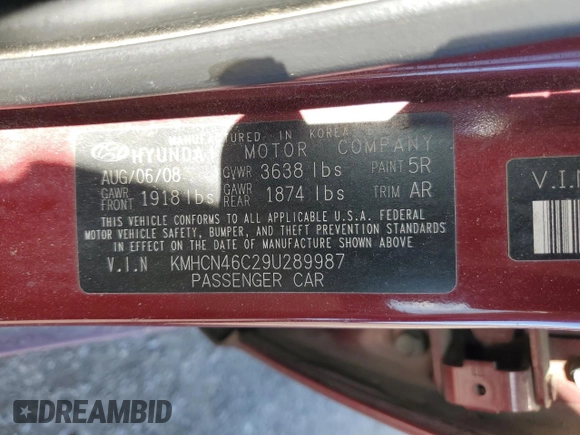 2009 Hyundai Accent Auto GLS with VIN KMHCN46C29U289987, listed as a Copart auction lot 55254085 with 164,363 mi miles and Salvage title. Bid and sale history available at DreamBid. Image 12.