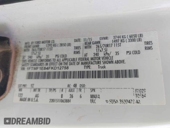 2015 Ford F-150 XL with VIN 1FTMF1E84FKD12758, listed as a IAAI auction lot 41841584 with 59,950 mi miles and . Bid and sale history available at DreamBid. Image 9.