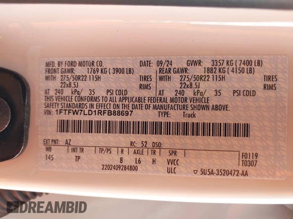 2024 Ford F-150 with VIN 1FTFW7LD1RFB88697, listed as a IAAI auction lot 42143029 with 6,996 mi miles and . Bid and sale history available at DreamBid. Image 9.