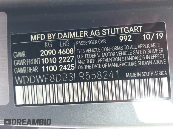 2020 Mercedes-Benz C 300 with VIN WDDWF8DB3LR558241, listed as a IAAI auction lot 41274401 with 53,349 mi miles and . Bid and sale history available at DreamBid. Image 9.