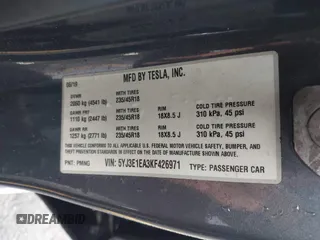 2019 Tesla Model 3 Mid Range with VIN 5YJ3E1EA3KF426971, listed as a IAAI auction lot 41564939 with Not Provided miles and . Bid and sale history available at carsss.com. Image 9.