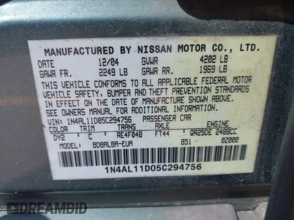 2005 Nissan Altima 2.5 z VIN 1N4AL11D05C294756, wystawiony jako IAAI lot #42018055 z przebiegiem 162 849 mil mil oraz . Historia ofert i sprzedaży dostępna na DreamBid. Obrazek 9.