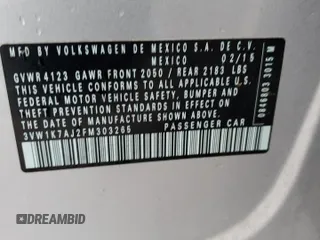 2015 Volkswagen Jetta S with VIN 3VW1K7AJ2FM303265, listed as a Copart auction lot 51550585 with 79,378 mi miles and Salvage title. Bid and sale history available at DreamBid. Image 12.