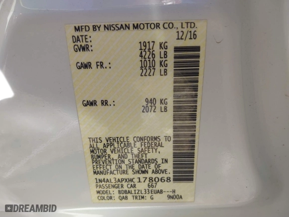 2017 Nissan Altima 2.5 SR with VIN 1N4AL3APXHC178068, listed as a IAAI auction lot 41480530 with 35,780 mi miles. Bid and sale history available at carsss.com. Image 9.