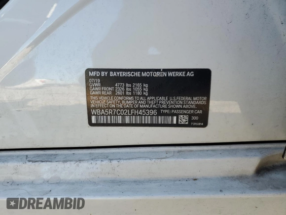 2020 BMW 3 Series 330i xDrive with VIN WBA5R7C02LFH45396, listed as a Copart auction lot 49898295 with 0 mi miles and Salvage Title. Bid and sale history available at carsss.com. Image 13.