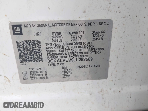 2020 GMC Terrain SLT с VIN 3GKALPEV9LL263589, выставлен на аукционе IAAI как лот 42170612 с пробегом 71 584 миль миль и . История ставок и продаж доступна на DreamBid. Изображение 9.